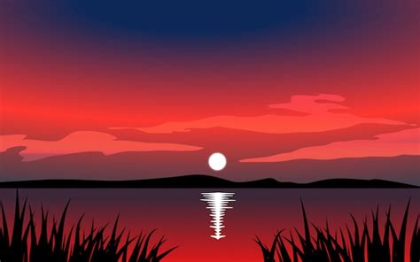 Premium Vector Sunset Over Lake With Grass Silhouette