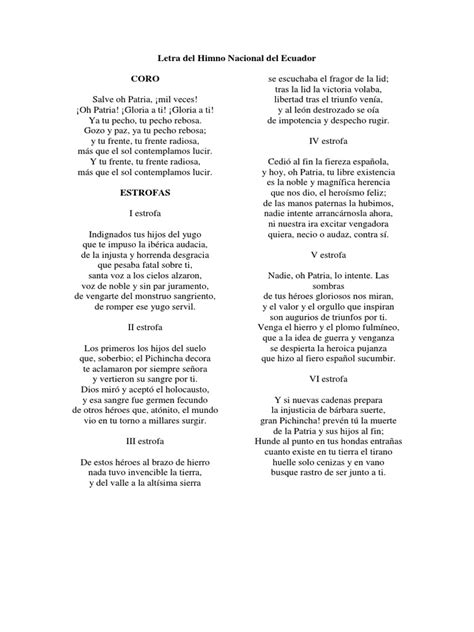 Letra Del Himno Nacional Del Ecuadordocx Entretenimiento General