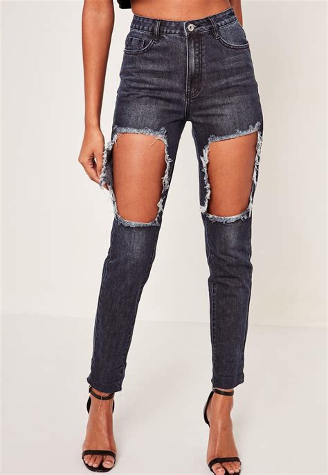 Lyst Missguided Blue Riot High Rise Open Thigh Rip Mom Jeans In Blue