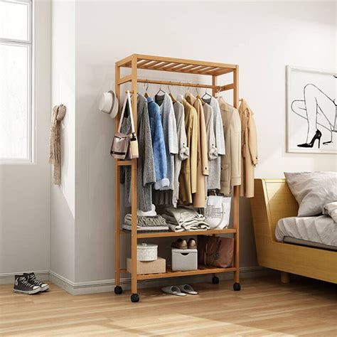 Wooden Clothes Rail Bedroom Wardrobe Stand Storage Rolling Garment Rack