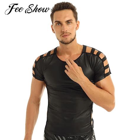 Mens Sexy Soft Faux Leather Slim Fit T Shirt Short Sleeves Round Neck