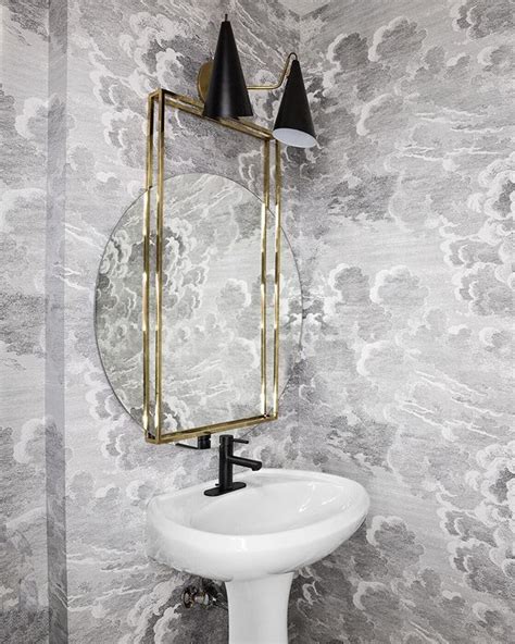 Elegant Powder Room With Wallpaper Surround And Gold Accent Mirror