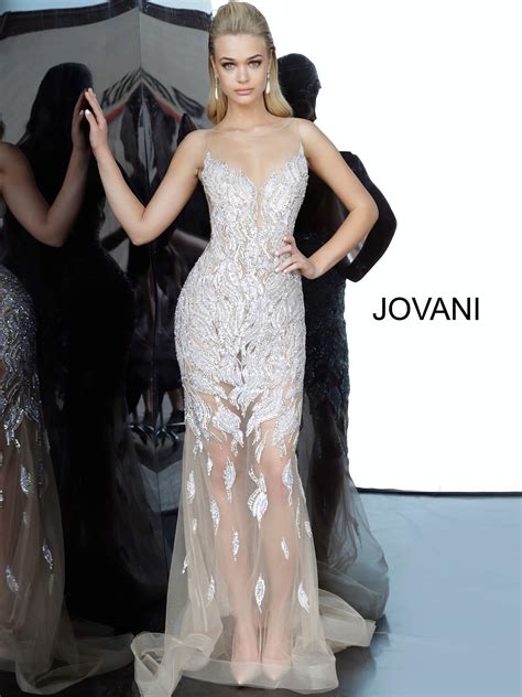 Jovani Silver Nude Sheer Embellished Sexy Prom Dress
