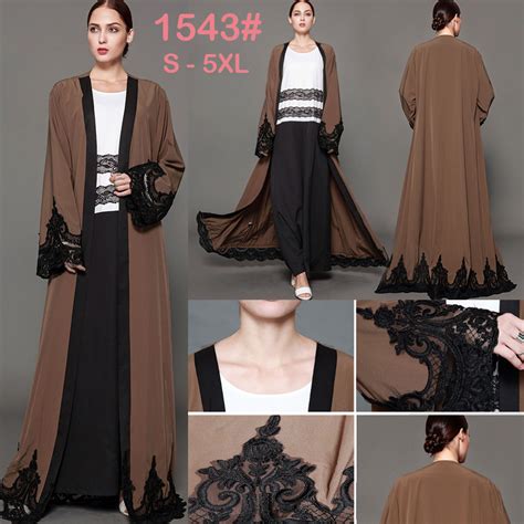 1543 Black Lace Long Sleeve Brown Hot Sell Abaya Kaftan Kimono Muslim