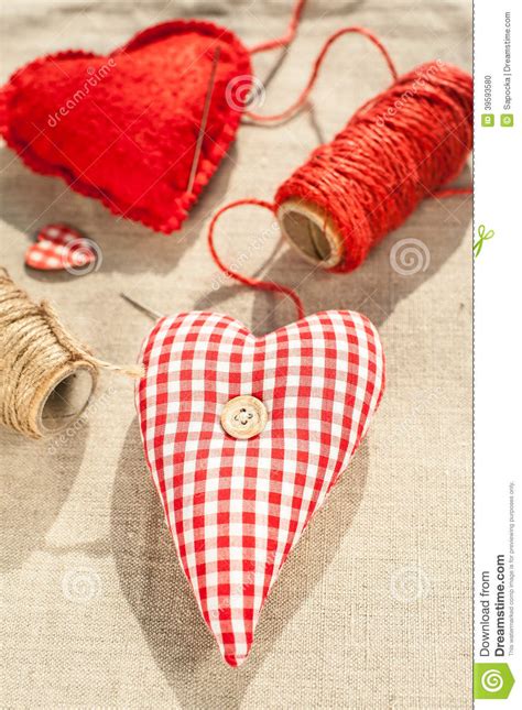 Two Homemade Sewed Red Cotton Love Hearts Stock Photo Image Of Fiber