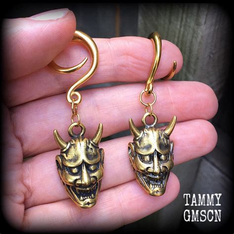 Hannya Mask Earrings Brass Ear Weights Brass Ear Hangers 6 Etsy