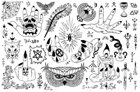 Tattoo Design Set With Gothic Icons And Mystic Symbols On White