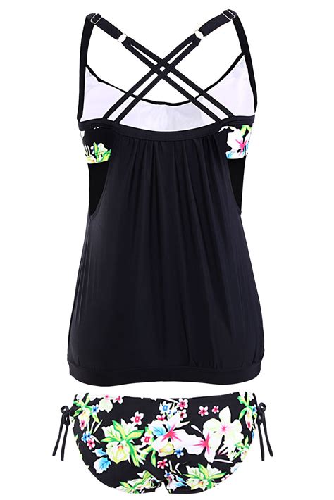 Black Layered Style Floral Tankini Swimwear With Triangular Briefs