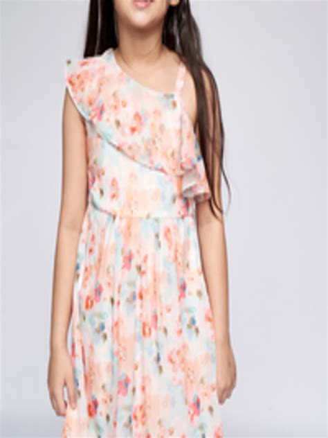 Buy And Girls Blue And Peach Pink Floral Print One Shoulder Pleated