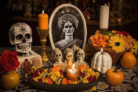 Altar de día de muertos con ofrendas para los difuntos y su viaje al