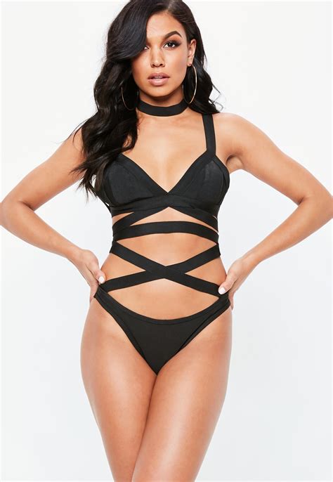 Missguided Synthetic Black Bandage Strappy Mesh Insert Bikini Set Lyst