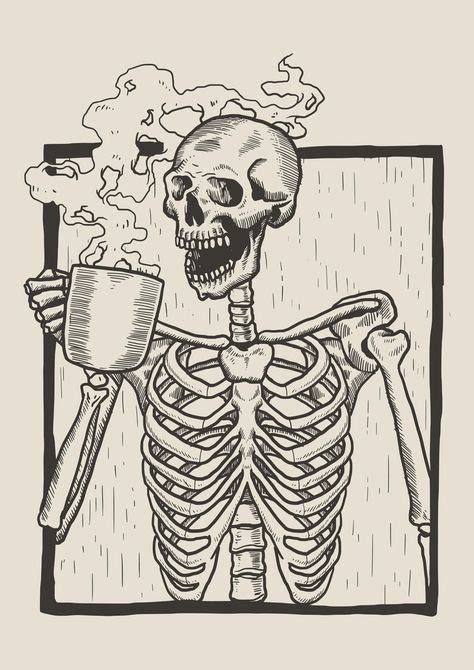 Skeleton Linocut Drink Coffee Vector Art In 2020 Kresby