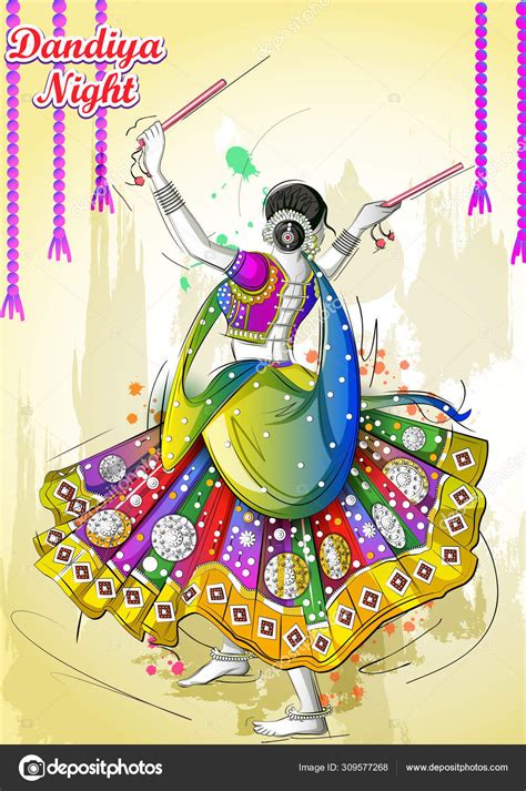 Indian Woman Playing Garba In Dandiya Night Navratri Dussehra Festival