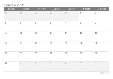 Calendario Gennaio 2022 Da Stampare