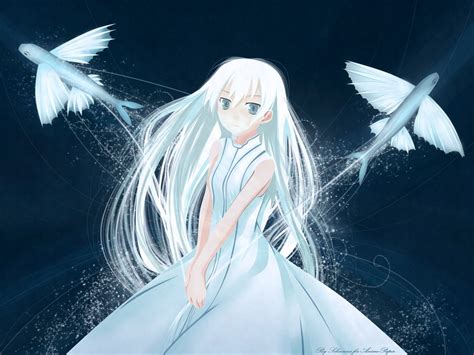 Dress Blue Eyes Fish Long Hair White Hair Anime Girls