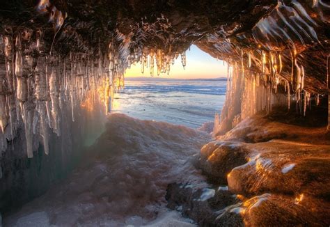 Ice Lake Russia Cave Sunset Frost Nature Water Landscape Cold Wallpaper
