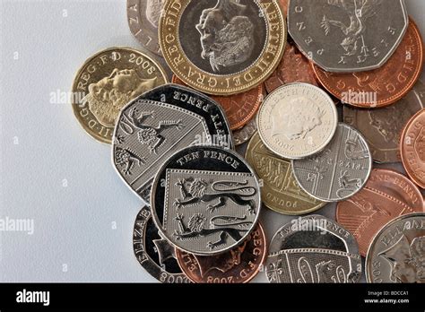 Top Down Of A Pile Of Sterling Money Coins Cash In Various