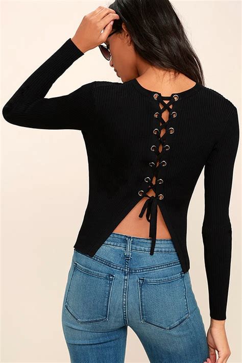 Sexy Black Top Lace Up Top Long Sleeve Top Lace Back Top Lulus