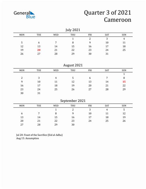 Three Month Calendar For Cameroon Q3 Of 2021
