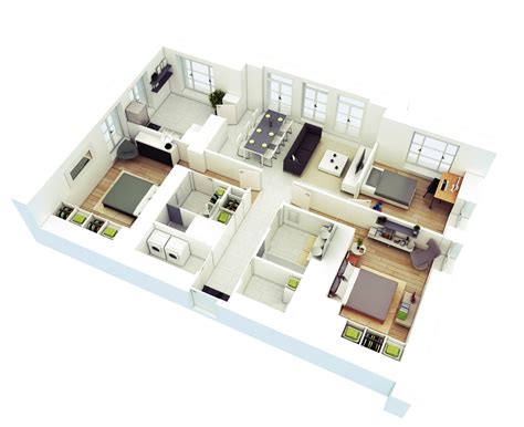Two cars parking, living room, dining room, kitchen, backyard garden, storage under the stair, washing outside the house and 1 restroom. 25 More 3 Bedroom 3D Floor Plans | Architecture & Design