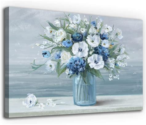 Vintage Flowers Canvas Wall Art Blue White Blossom Canvas Painting