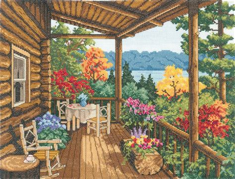 Log Cabin Covered Porch Cross Stitch Kit