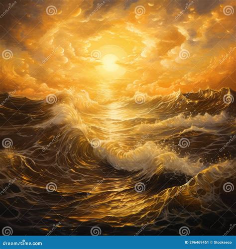 Golden Symbolism: a Hyper-detailed Seascape Abstract Painting Stock