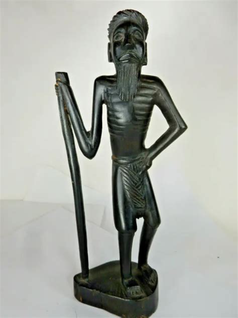 Vintage African Ebony Wood Carving Old Man With Cane And Beard 85