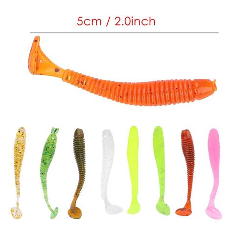 50Pcs T Tail Worm Mixed Soft Plastic Lure Fishing Tackle Bait JigHead
