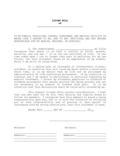 Living Will Sample Free Printable Documents