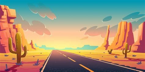 Download Sunset In Desert With Road Cactuses And Rocks