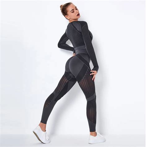 Seamless Women Sport Set For Gym Fitness Sport Suit Sets Pcs Long Sleeve Top Booty High Waist