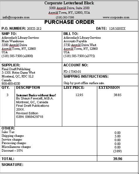 Standard Purchase Order Format Purchase Order Template Order Letter