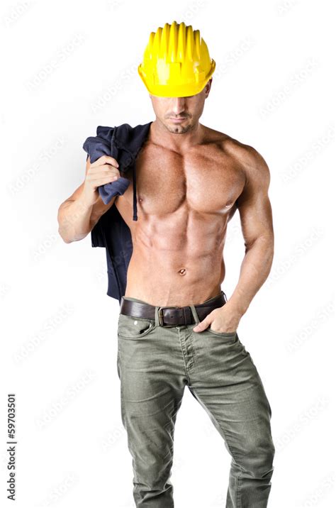 Foto De Attractive Muscular Construction Worker Shirtless Isolated Do