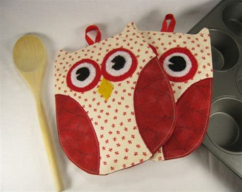 Red Owl Pot Holders For Kitchen Etsy