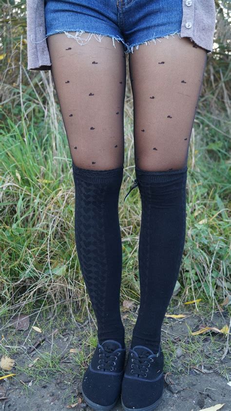 Black Sheer Tights With Knee High Black Wool Socks And Denim Shorts