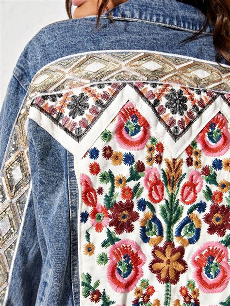 Tribal Embroidery Denim Trucker Jacket Shein Usa Embroidery Denim