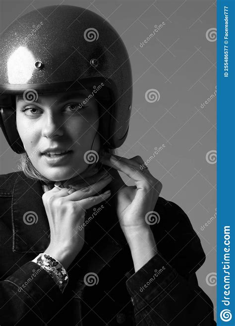 Vertical Portrait Of Young Woman Wearing Motor Helmet Poses Indoor Mock Up Stock Image Image