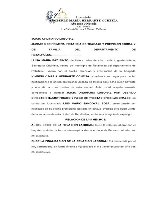 Juicio Ordinario Laboral De Despido Directo E Injustificado Y Pago De