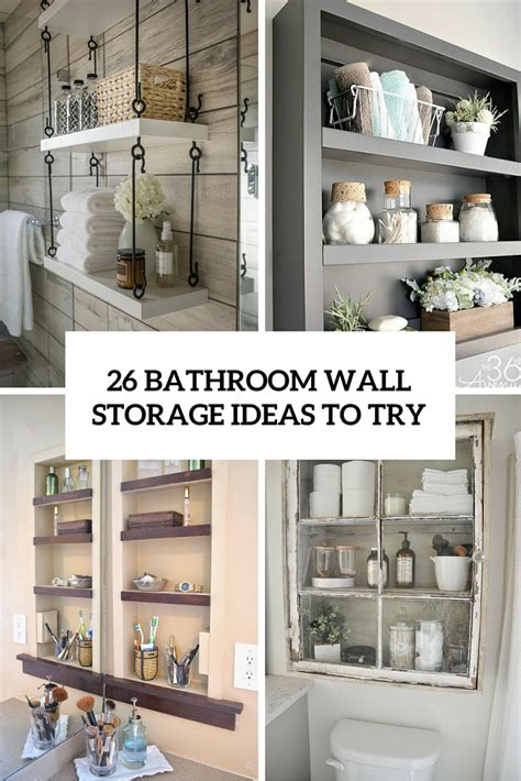 This contemporary vanity design is a nice juxtaposition to the heavily patterned wallcovering in this small but mighty bathroom. 26 SImple Bathroom Wall Storage Ideas - Shelterness