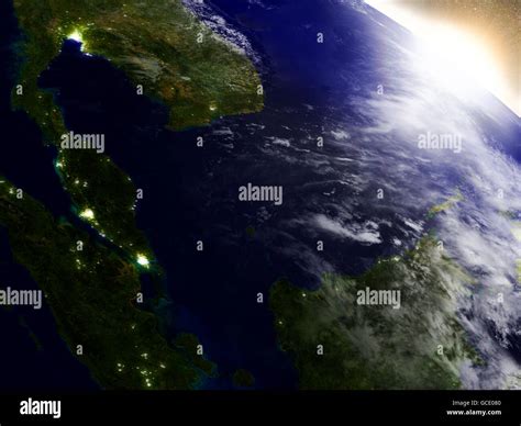 Malaysia Region From Earths Orbit In Space During Sunrise 3d