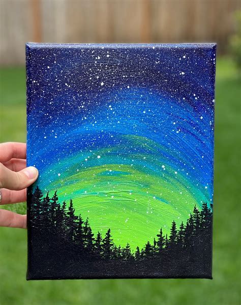 Northern Lights Galaxy Painting Galaxy Forest Art 8x10 Inch Etsy In