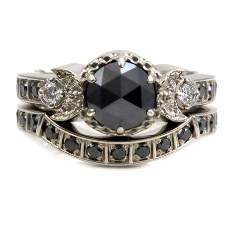 Modern Goth Engagement Ring Set Black Rose Cut Diamond Moon Phase