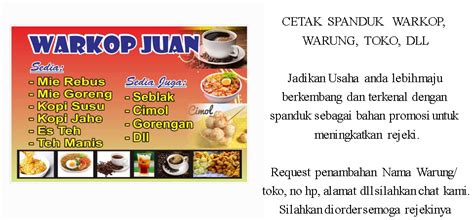 Seperti judul diatas, kali ini aku akan memperlihatkan pola banner spanduk untuk es kelapa muda. Contoh Gambar Spanduk Warkop : Contoh Desain Spanduk Warung Kopi Banner Warkop : Spanduk banner ...