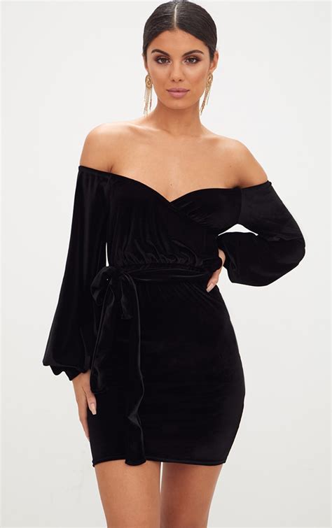 Black Velvet Balloon Sleeve Wrap Front Bardot Bodycon Dress