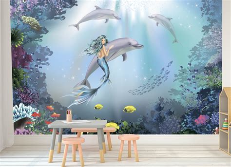 3d Underwater Mermaid Dophin Wall Murals Wallpaper Paper Art Print