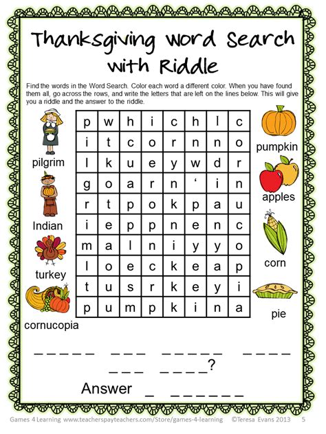 Fun Games 4 Learning Thanksgiving Word Puzzles Freebie