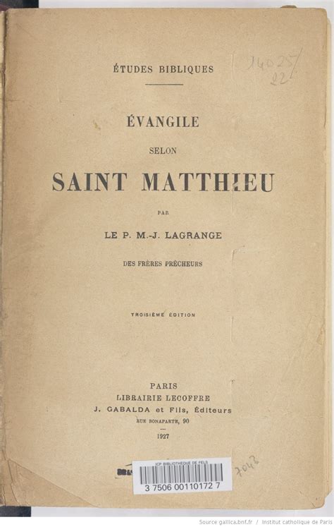 Evangile Selon Saint Matthieu 3e édition Par Le P M J Lagrange Rue Bonaparte Saint