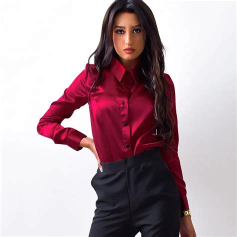 Women Silk Satin Solid Blouse Button Turn Down Collar Long Sleeve Shirts Ladies Office Work