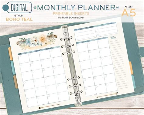 A5 Monthly Planner Printable Pages Spread Insert Watercolor Etsy